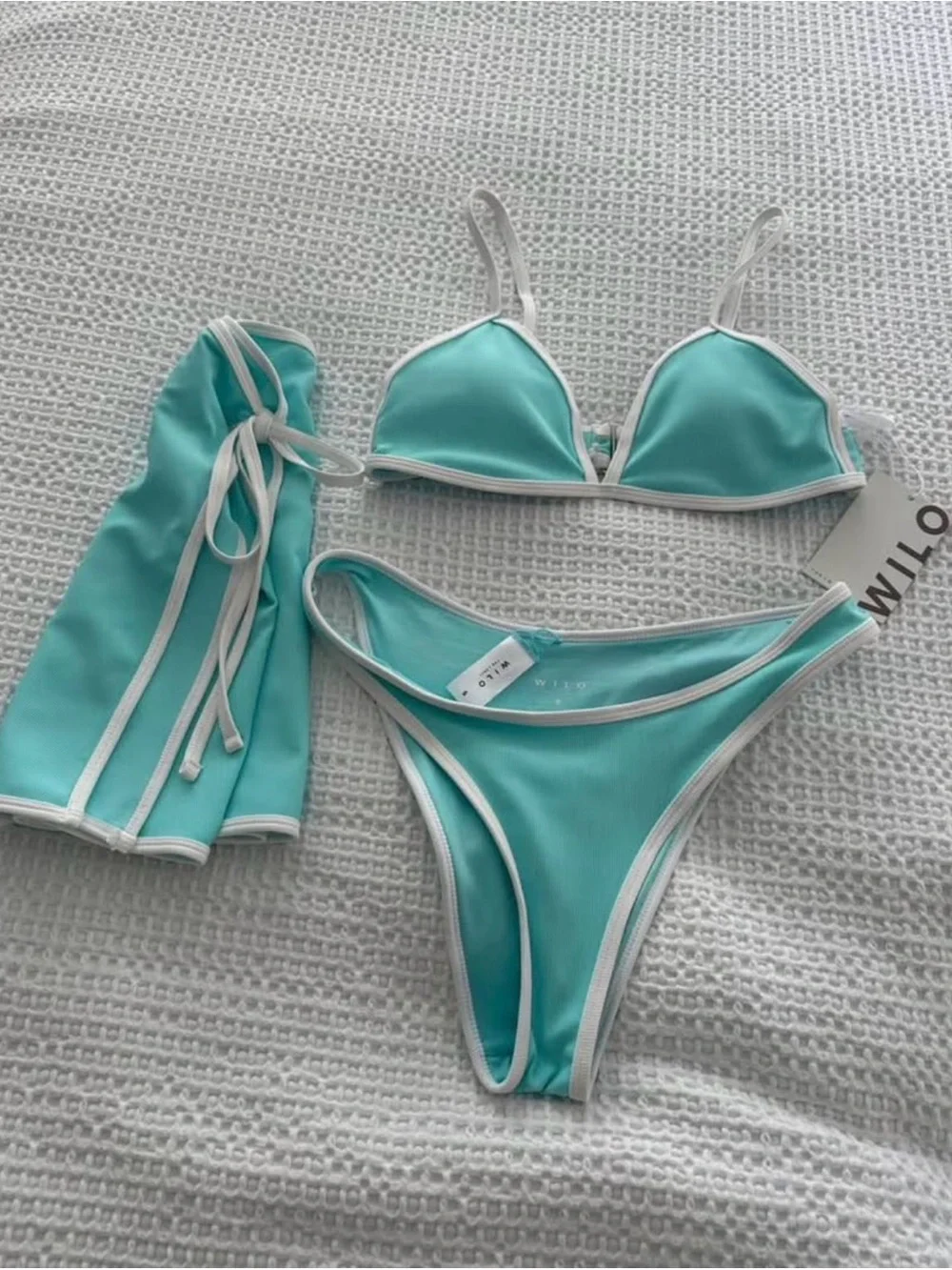 WILLOW Aqua Blue Triangle Bikini with White Trim